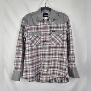 Wrangler Shirt Men Large Red Plaid Pearl Snap Brushpopper Western Cowboy VTG